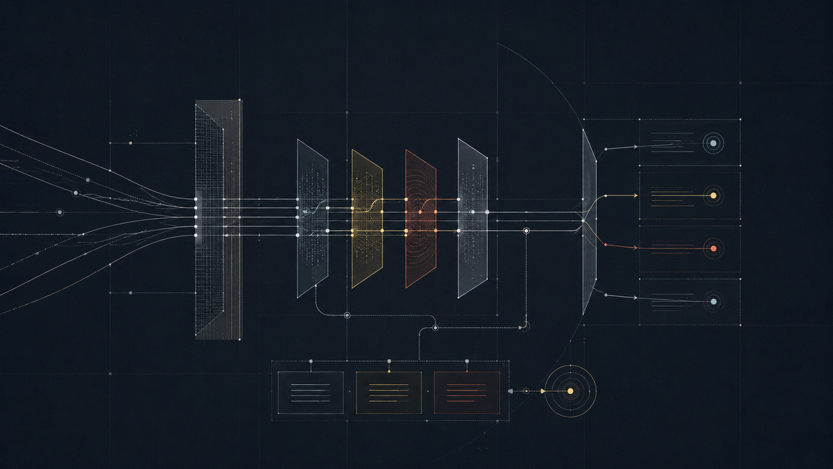 AI governance schematic with controlled signal flows, decision gates, and audit paths on a navy grid