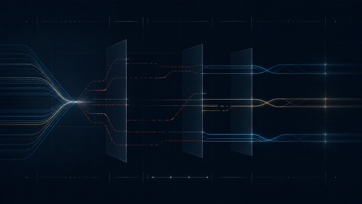Abstract signal paths showing critical infrastructure continuity, isolation, and recovery under cyber disruption.