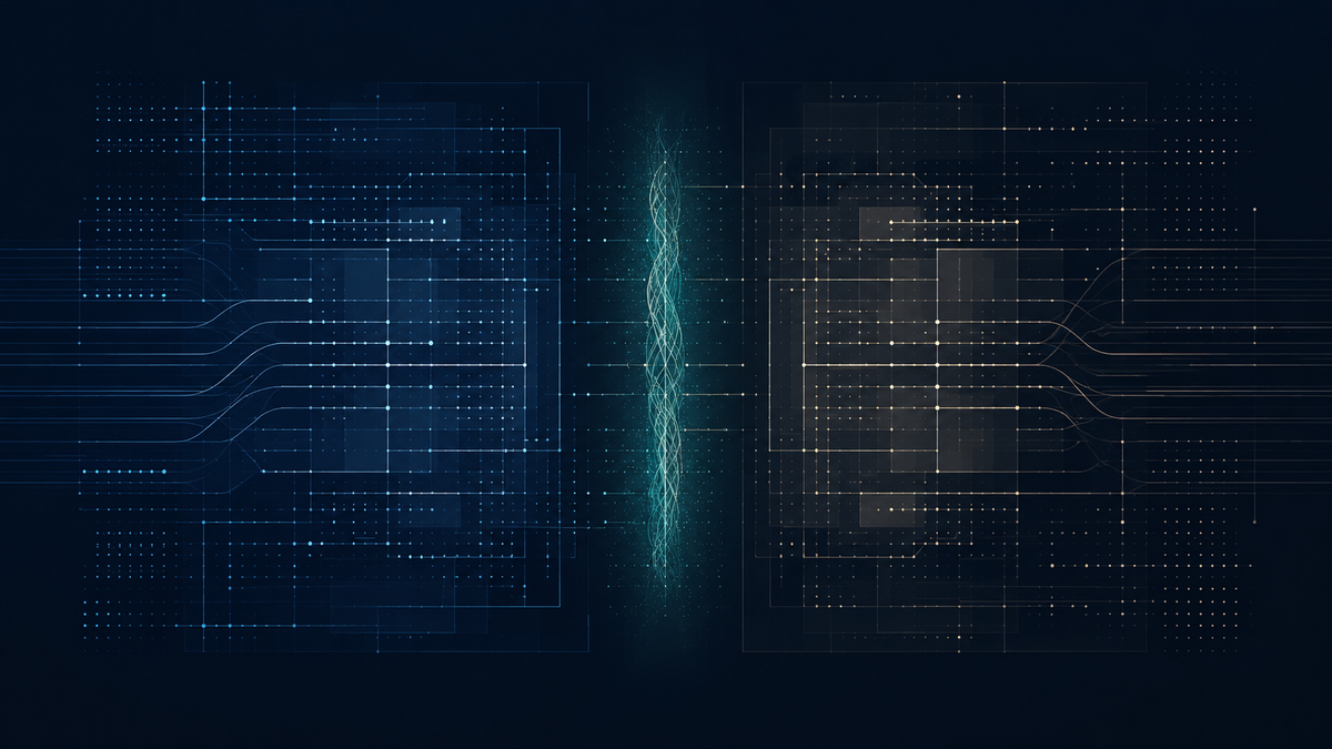 Abstract AI governance visual with mirrored signal lines, layered grids, and a luminous verification boundary