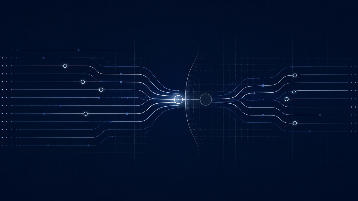 AI agent governance visual with layered pathways, transfer nodes, and a muted threshold event.