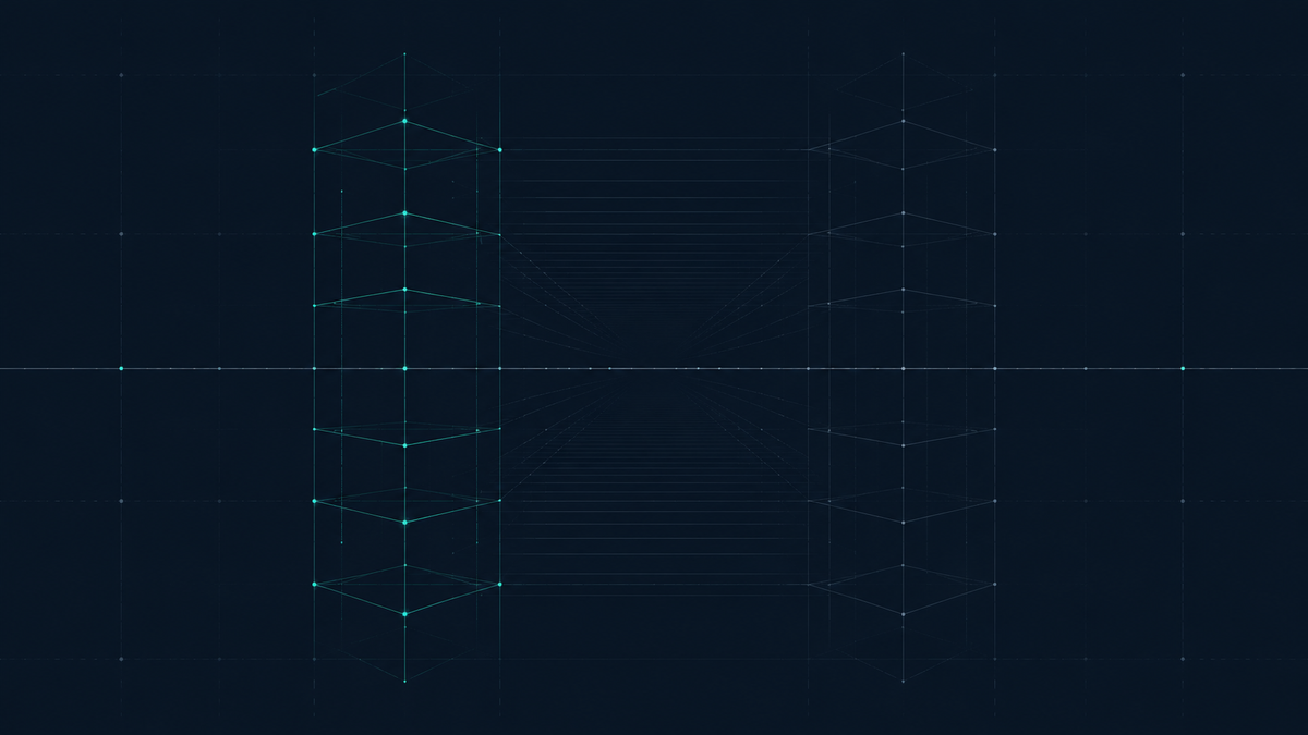 Prior authorization accountability gap: complete teal wireframe column beside an unresolved grey structure on deep navy.
