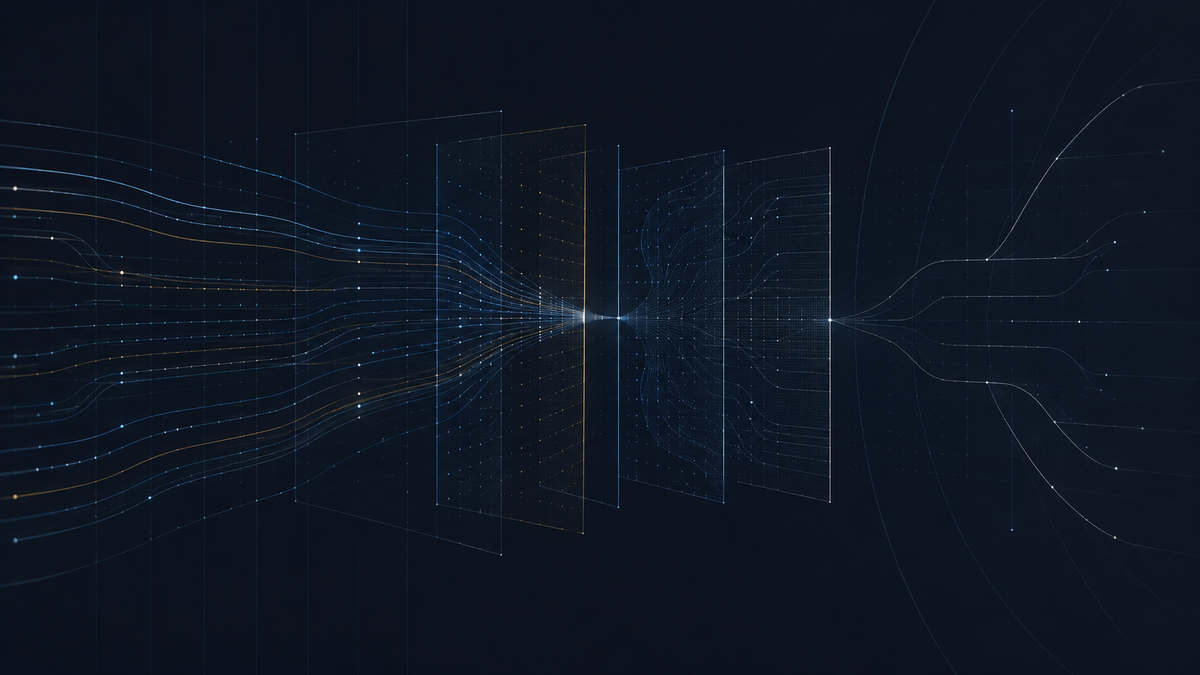 Secure AI model review shown as signal lines moving through transparent grid panels on a dark background.