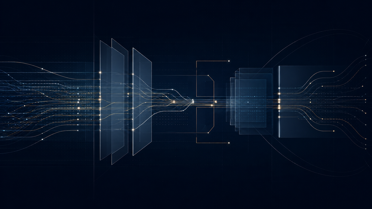 Federal AI procurement visual with signal flows, modular pathways, and secure intelligence-style grid structures