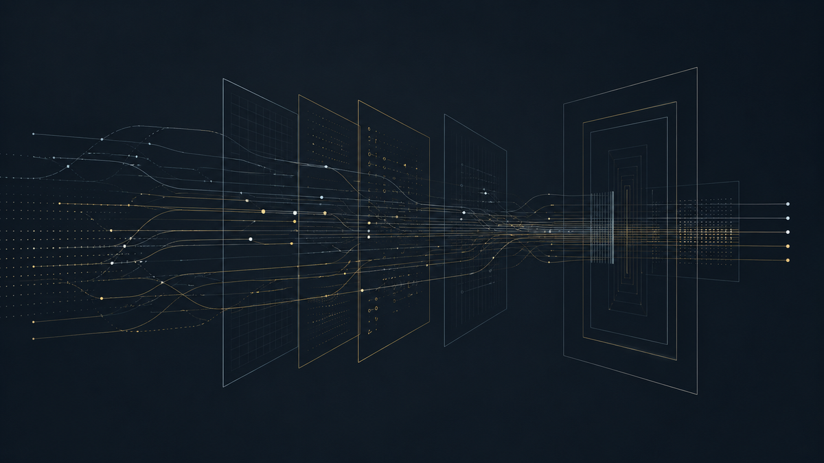 AI governance verification shown as signal lines moving through layered grids and control boundaries