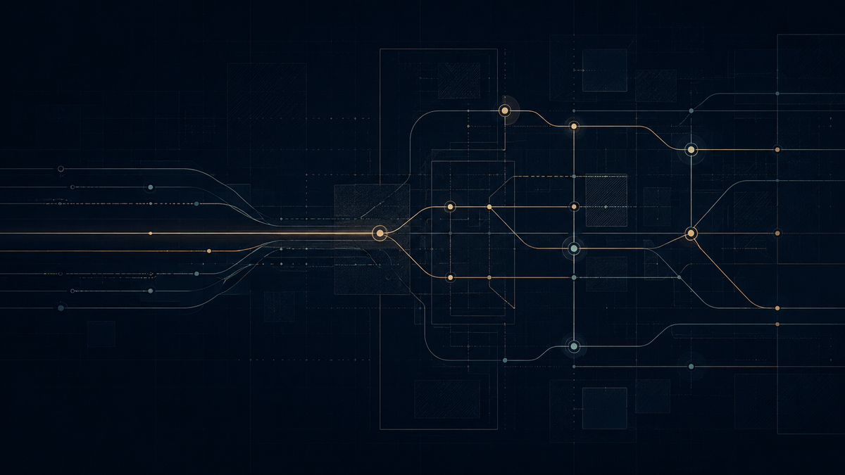 Abstract ADMT decision trail with routed signal lines, checkpoints, and evidence paths on a dark grid.