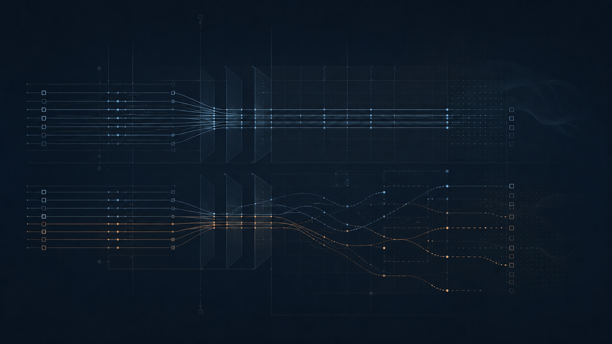 AI evaluation gap visual with test signals staying aligned while deployment paths split across a dark grid