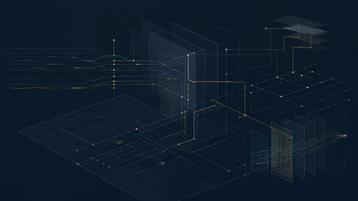AI asset defensibility visual with routed signal lines, layered grids, and controlled access paths