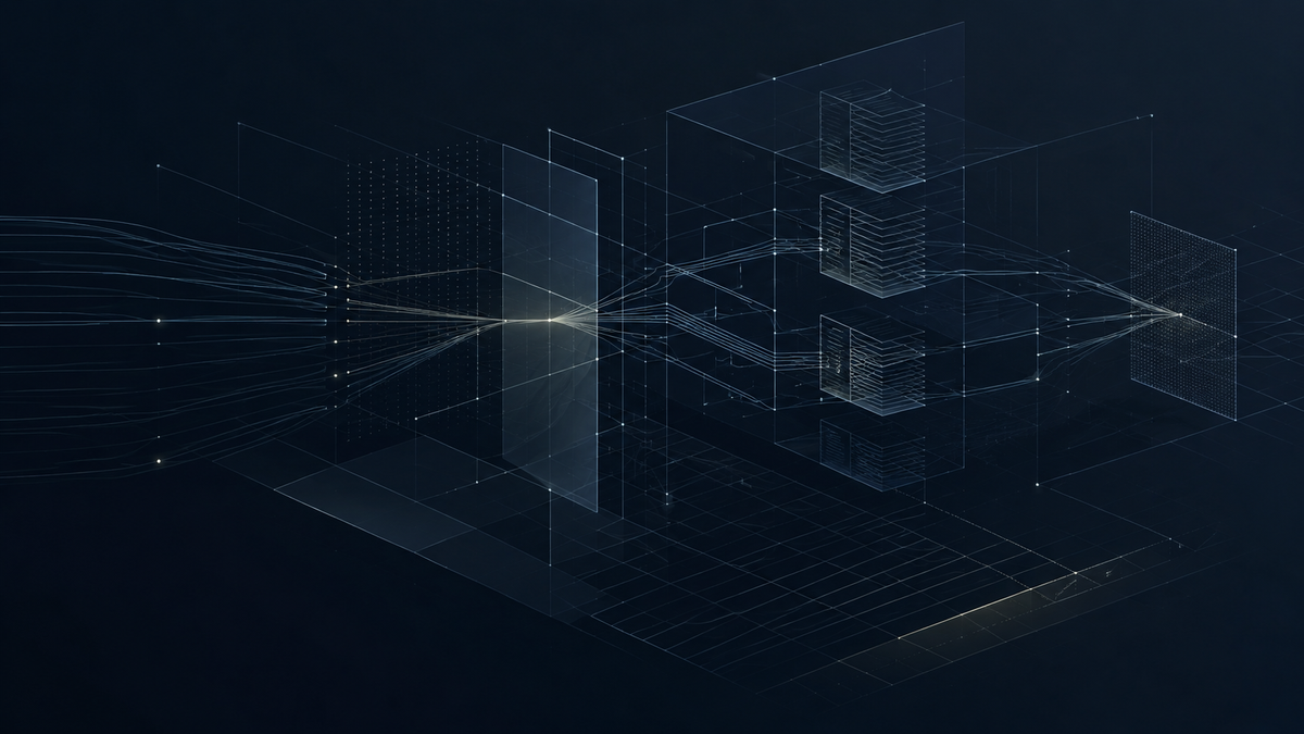 EEO reporting visual with signal paths, grid panels, and evidence layers in a secure compliance review space