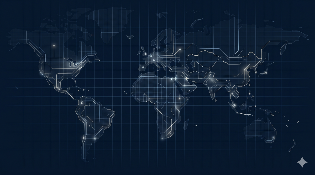 Abstract world map visualizing the agentic AI security governance gap — signal nodes and circuit lines across global enterprise networks.