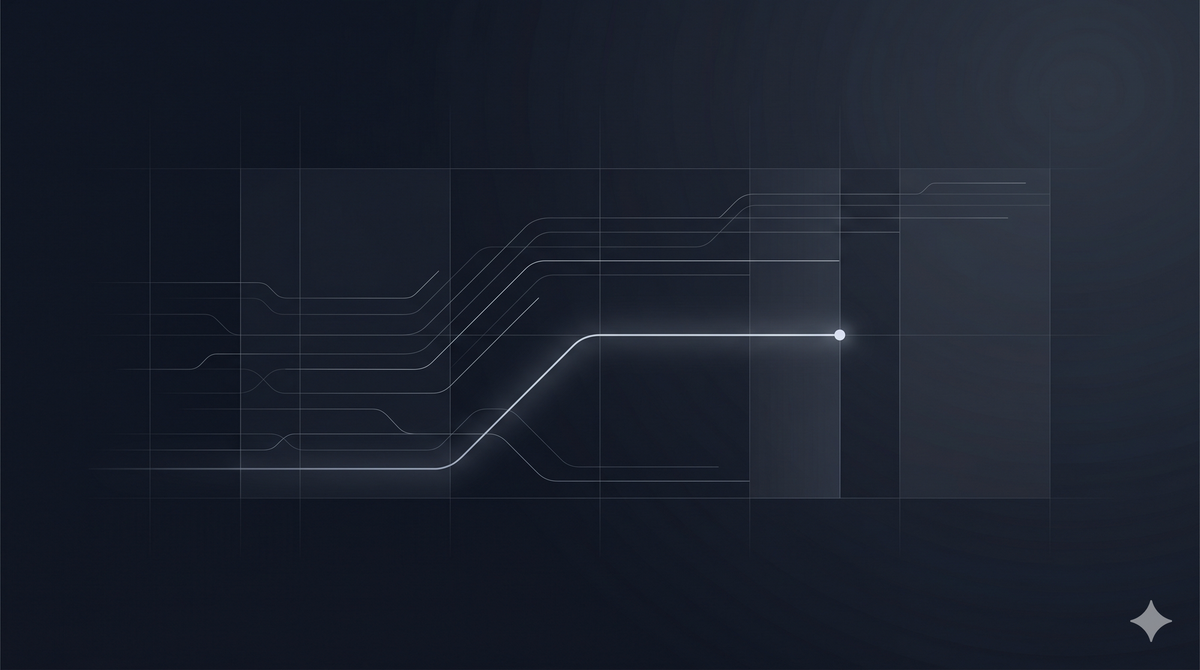 Abstract diagram of export controls on AI models — parallel signal lines converging in a grid, one path ending at a single illuminated point.