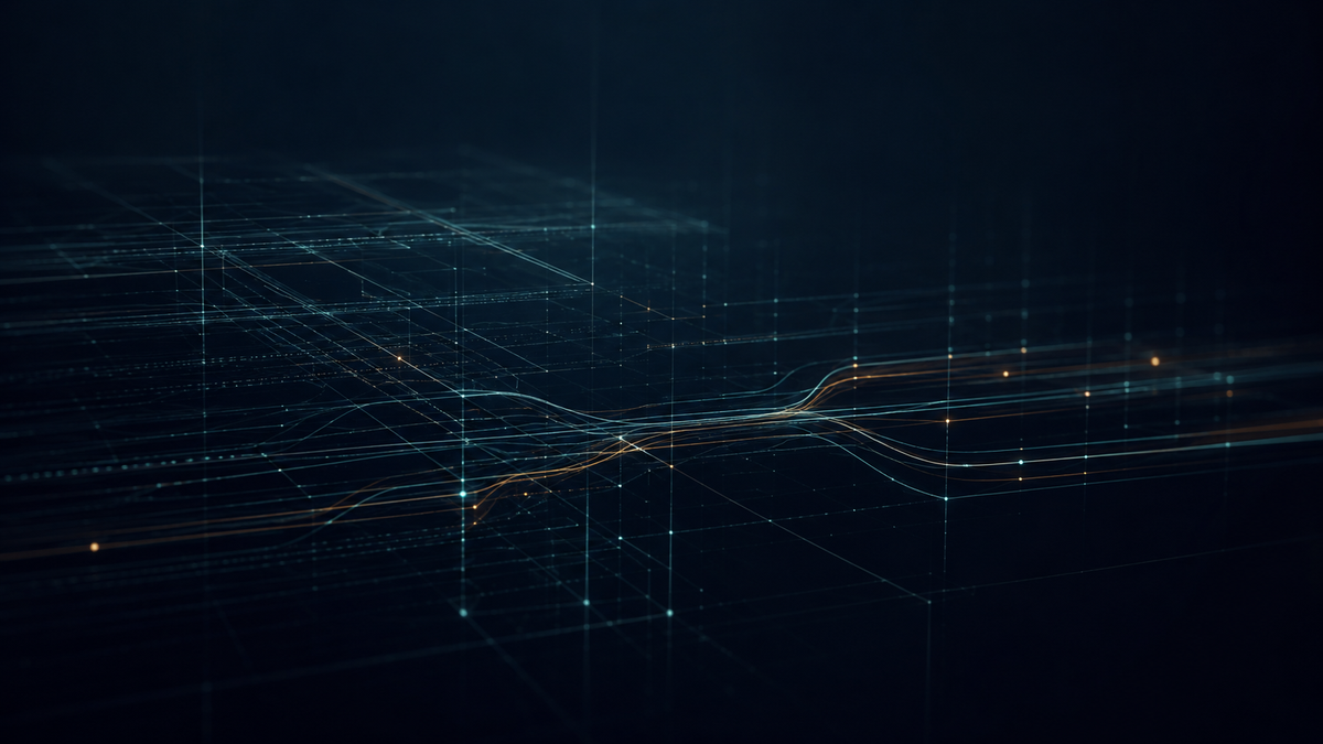 Abstract navy data-flow lines suggest the visibility gap in AI vendor safety card due diligence.