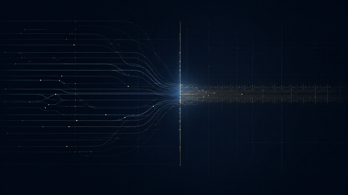 Converging data lines resolving into a structured grid, symbolizing an IRB exemption decision point in healthcare AI governance