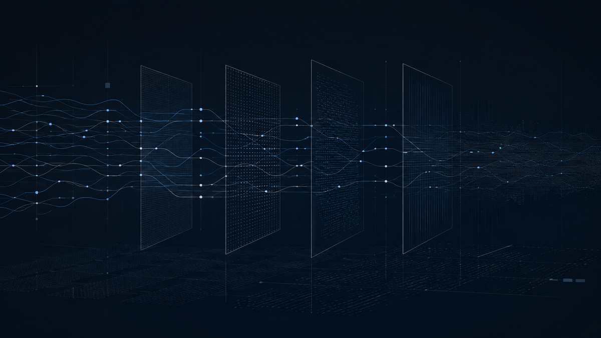 Claude watermark concept shown as subtle signals moving through layered grids and changing across processing stages.