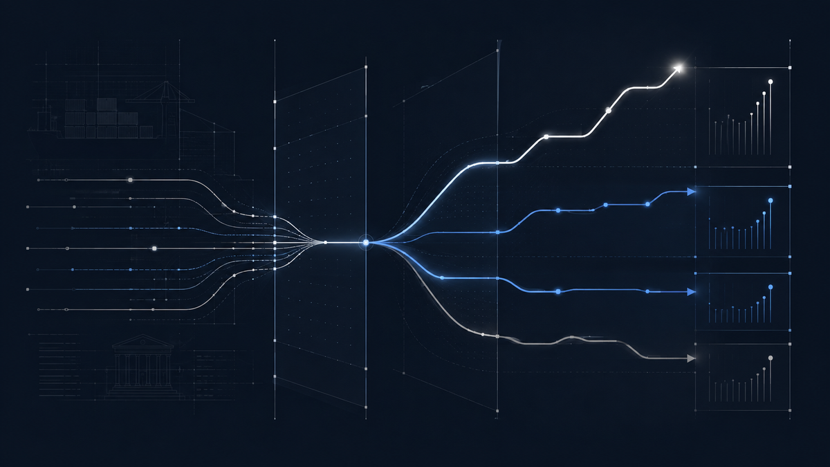 Tariff refunds visualized as branching financial signals separating reported earnings, cash timing, and operating results.