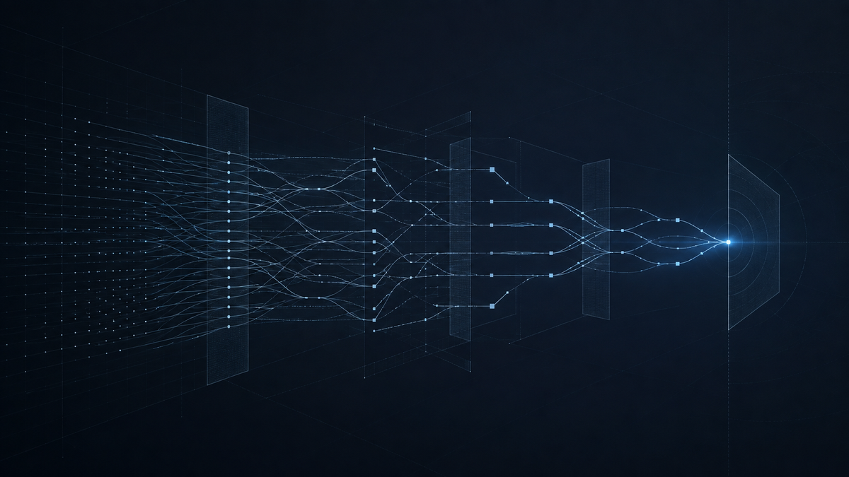 AI hiring discrimination visual with layered decision pathways, filters, and a final outcome.