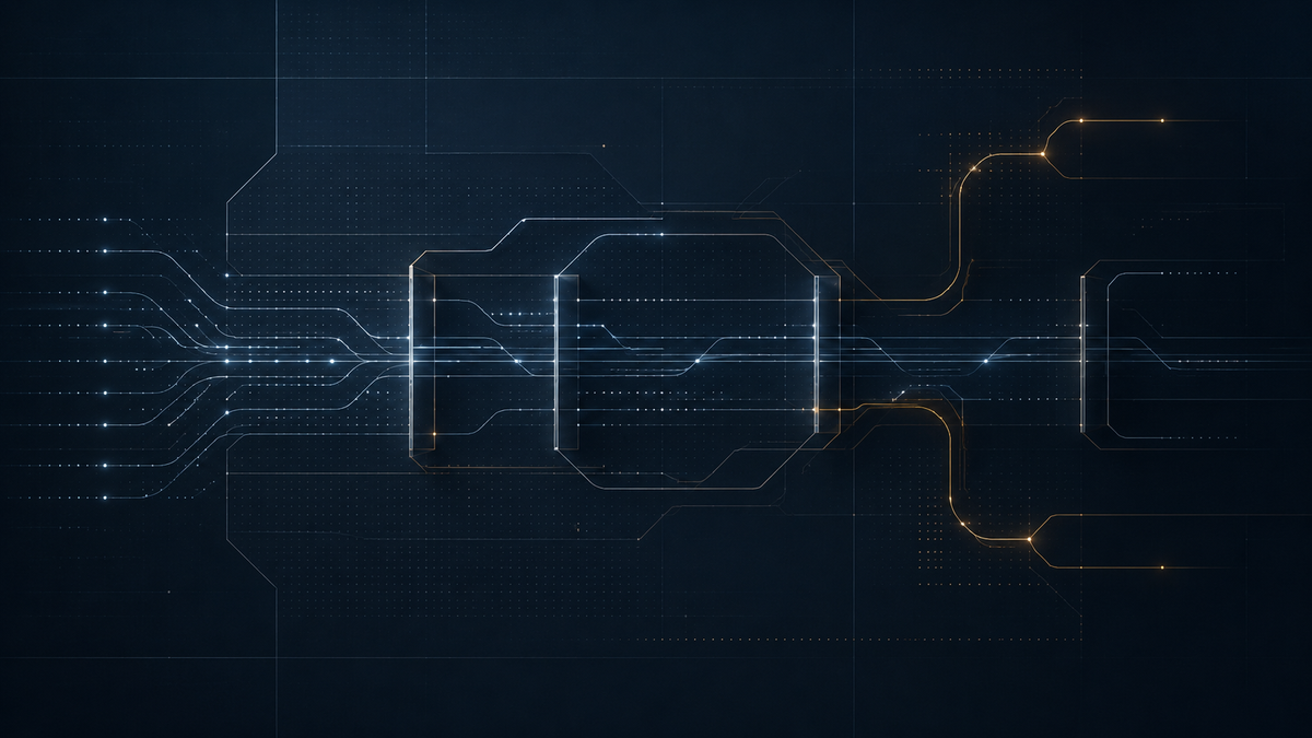 Continuous authorization to operate visualized as bounded blue and gold data flows moving through security checkpoints.