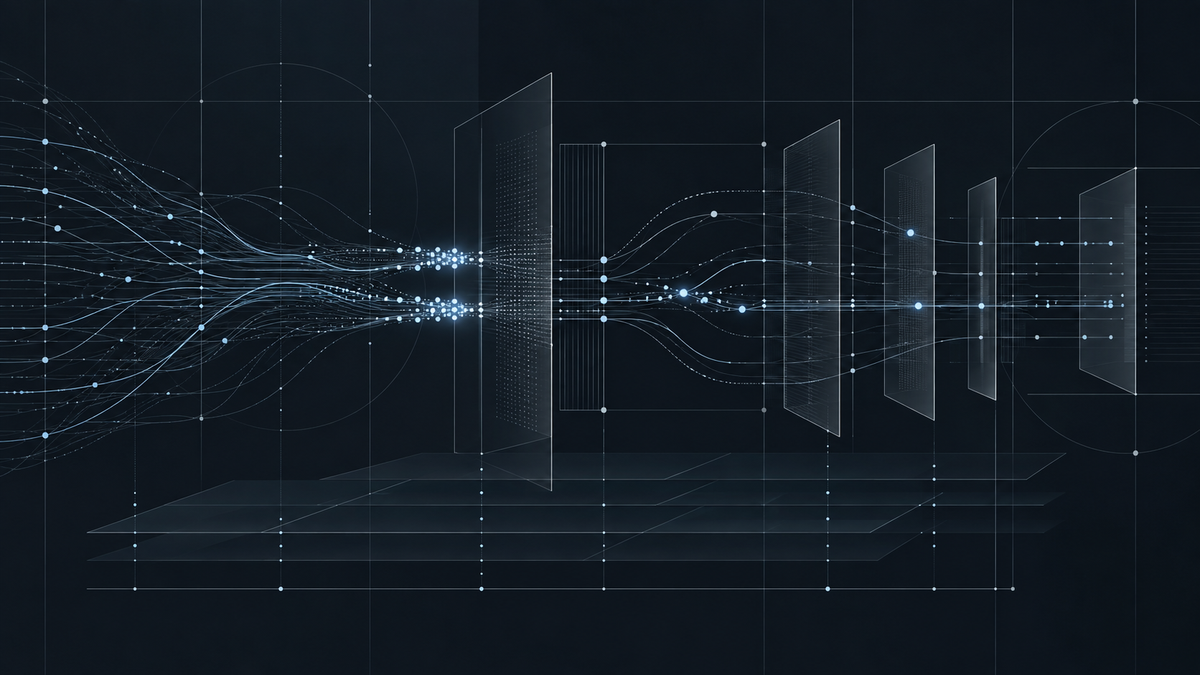 AI securities litigation visual with converging signal lines moving through layered governance controls.