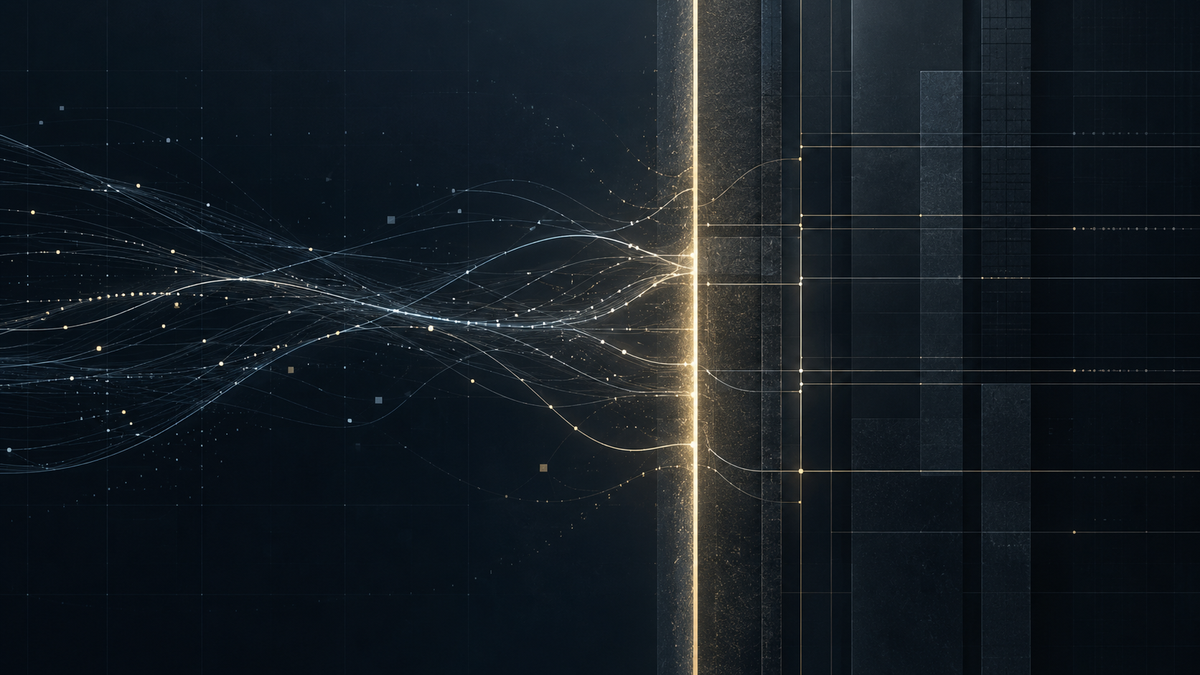 DOJ AI regulation by prosecution visualized as data signals meeting a fixed legal boundary in a dark policy grid.