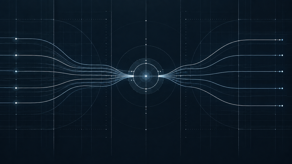 AI safety antitrust lawsuit graphic with data paths converging at a central junction, then separating into distinct channels.