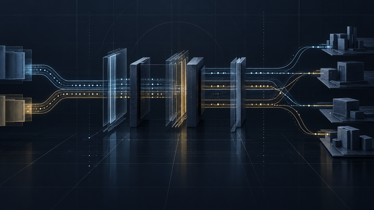 U.S.-China tariff framework visualized as structured data flows passing through governance checkpoints to company impact.