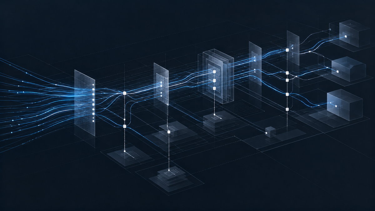 AI incident reporting visualized as blue data flows moving through controlled review points and connected external systems.