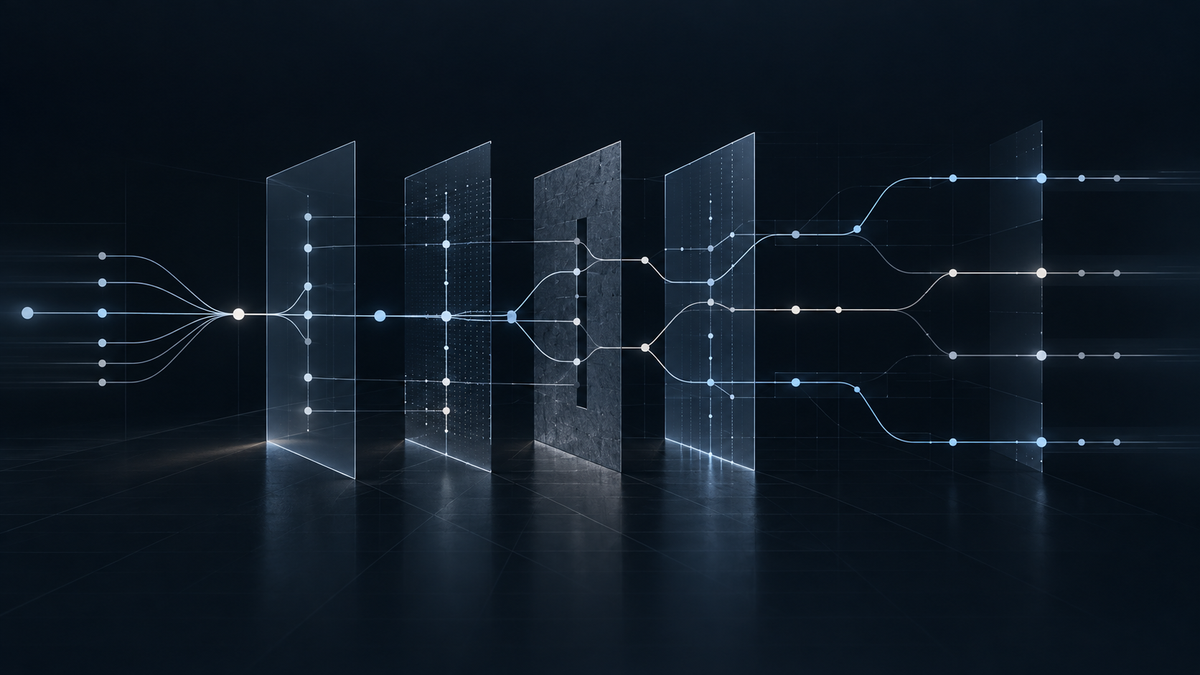 IEEPA tariff refunds shown as branching data paths moving through regulatory gates toward different financial outcomes.