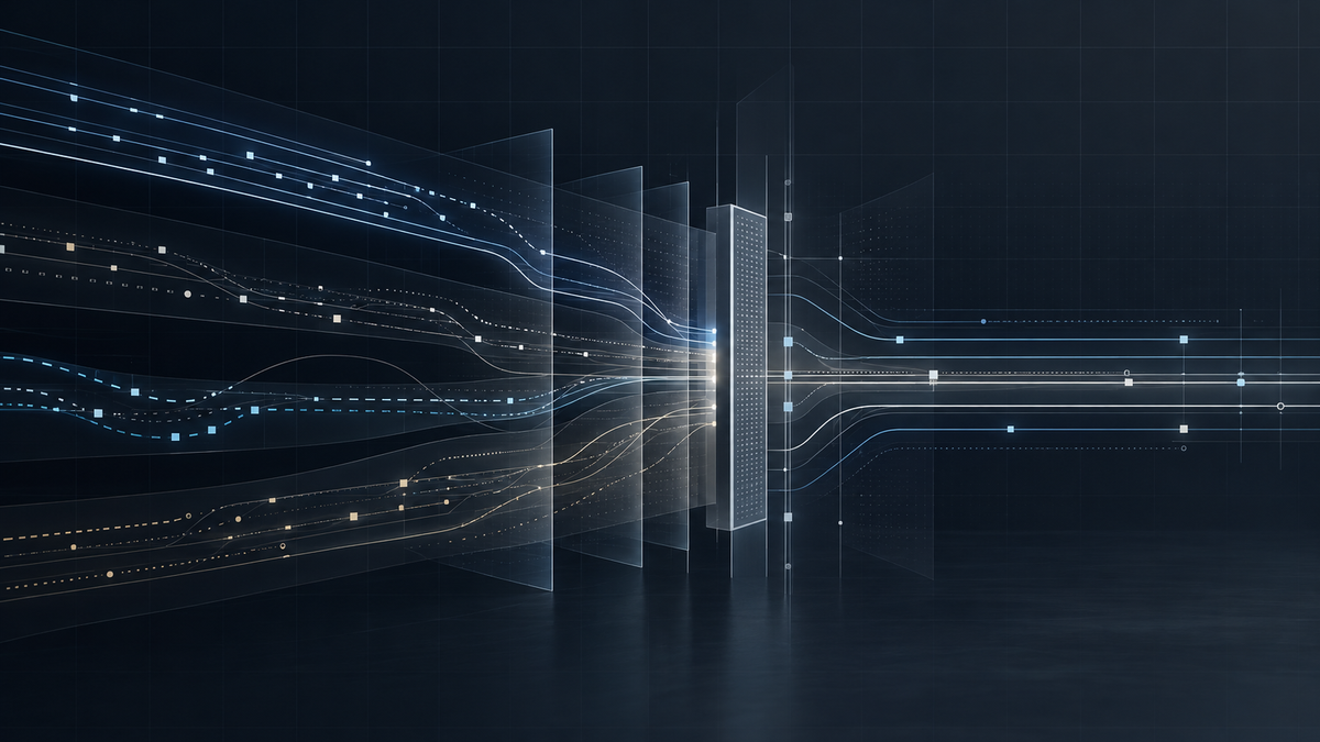 Abstract signal pathways converge through a verification layer, representing Medicare AI policy provenance and governance.