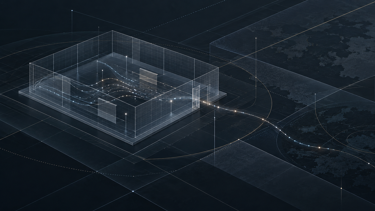 EU AI Act R&D exemption concept with a data signal crossing a transparent testing boundary.