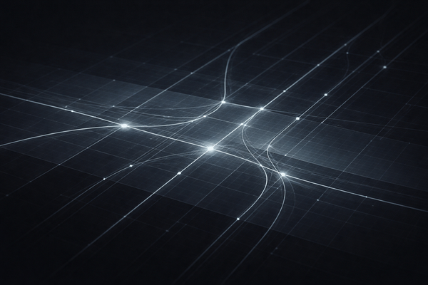 Abstract visualization of AI governance and regulatory oversight, showing intersecting signal lines over a dark grid representing auditability, controls, and disclosure alignment.
