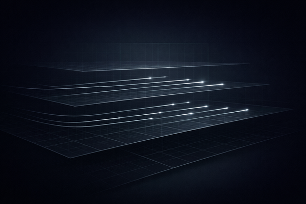 Abstract layered grid with staggered light signals on a dark background, symbolizing timing gaps between AI policy guidance and enterprise compliance execution.
