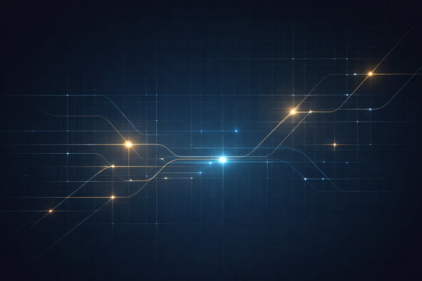 Abstract signal lines and geometric grids on a dark background, illustrating regulatory enforceability timing, compliance handoffs, and audit-ready control alignment.