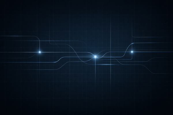 Abstract signal lines cross a dark grid with soft glowing intersections, suggesting delegated authority and control boundaries in a calm, secure intelligence environment.