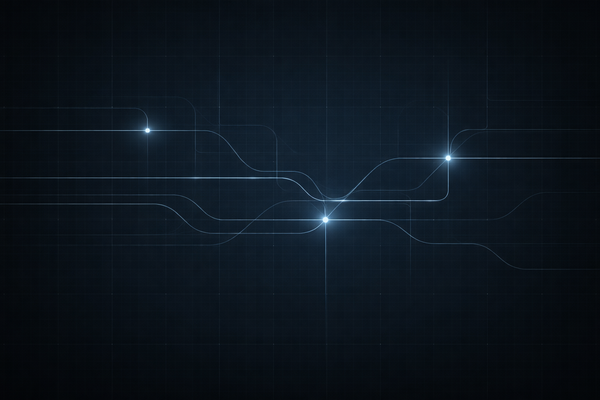 Abstract signal lines subtly bypass grid boundaries on a dark background, with soft glows marking silent escalation and systemic risk in a calm regulatory intelligence setting.
