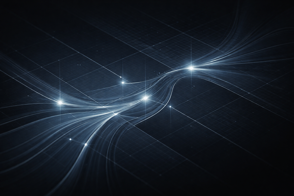 AI synthesizing healthcare data into decision pathways within regulatory boundaries, shown as abstract signal flows and governance grids on a dark intelligence backdrop.