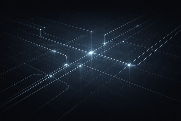 Abstract regulatory intelligence visual showing AI disclosures tested against governance controls, with structured signal lines and audit-ready pathways.