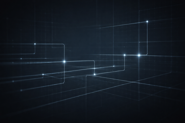Abstract regulatory intelligence visual with subtle grid lines and glowing signal paths on a dark background, representing continuous oversight and governance monitoring.