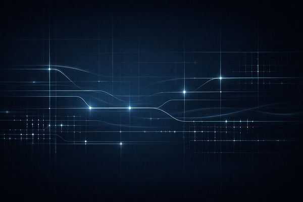 Minimalist intelligence-style visual showing abstract signal lines and grids on a dark background, representing persistent macOS threats within modern enterprise environments.