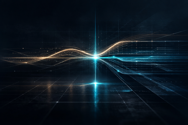 Deep navy grid with intersecting signal lines and a central vertical intercept, symbolizing regulatory oversight and auditable design systems.