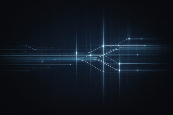 Abstract navy grid with horizontal signal lines intersected by vertical controls, symbolizing AI fraud velocity and governance oversight. 