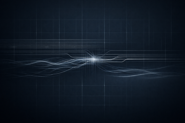Minimalist visualization of AI generation constrained by licensing and governance, with structured signals compressing against controlled distribution systems