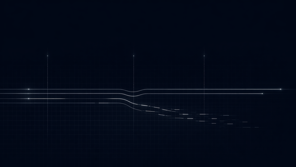 Abstract signal lines diverging on dark grid, representing gap between ACA plan selections and paid enrollment in 2026