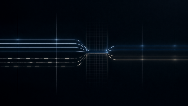 Phased regulatory signal flows with intake gate, contrasting continuous and fragmented layers, representing staged compliance processing and validation controls
