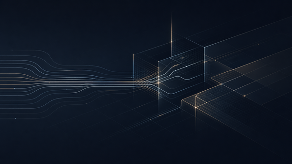 Abstract AI governance visualization with structured control layers, signal checkpoints, and traceability pathways in a minimal, high-contrast grid