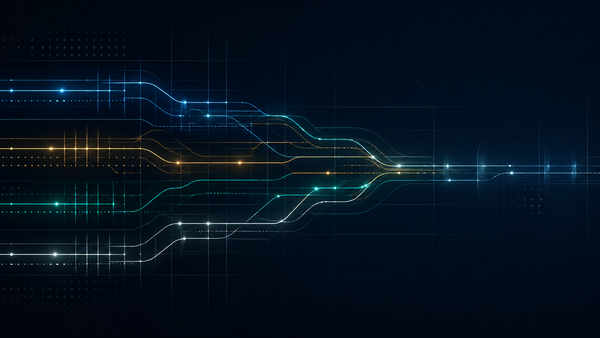 Abstract signal lines and shifting grid paths represent evolving state AI laws, delayed timelines, and changing compliance frameworks in a controlled system