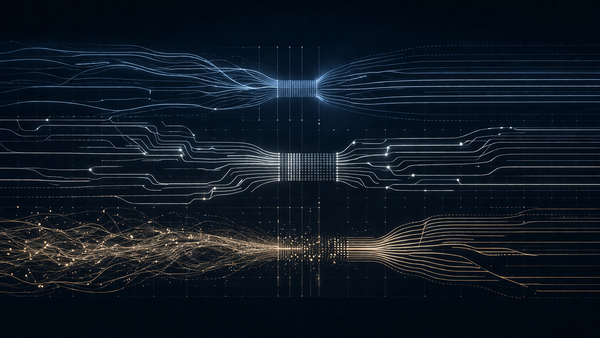Abstract signal lines compress into layered pathways over a dark grid, illustrating upstream PCB supply pressure and dependency in AI infrastructure