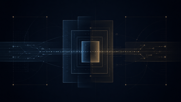 Abstract AI persona governance visual showing credential traceability and regulated boundary controls on a dark grid.