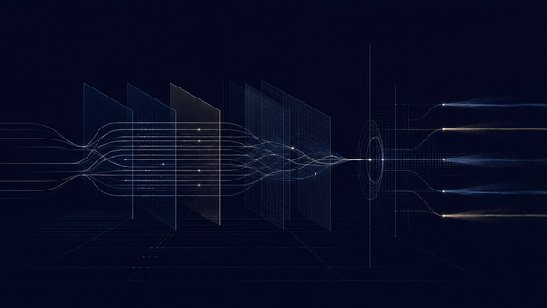 AI governance visual with signal lines, evidence trails, and regulatory timing on a deep navy grid.