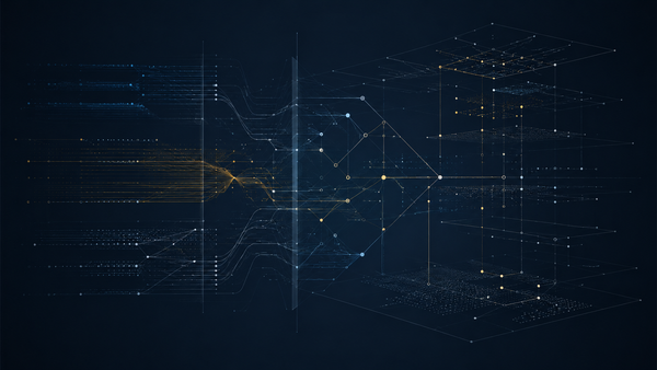Abstract telecom supply-chain risk visual with signal lines, grids, and traceability paths on a dark navy background.