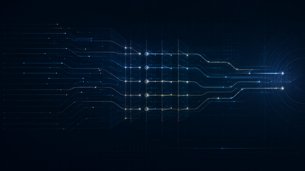 Abstract Medicare DME claims screening visual with data flows, routing gates, and regulatory oversight on a navy grid background.