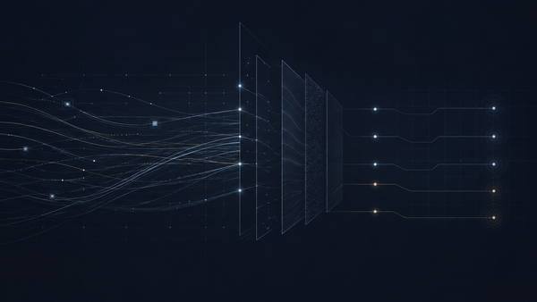 Abstract security data flows passing through evidence layers, symbolizing AI vulnerability discovery and patch traceability.